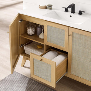 Modway Furniture Soma 48" Modern Bathroom Vanity Cabinet with Rattan Texture, Soft-Close Doors & Gold Accents Oak EEI-6589-OAK