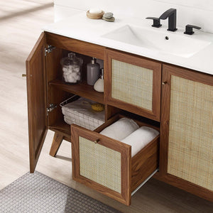 Modway Furniture Soma 48" Modern Bathroom Vanity Cabinet with Rattan Texture, Soft-Close Doors & Gold Accents Walnut EEI-6589-WAL