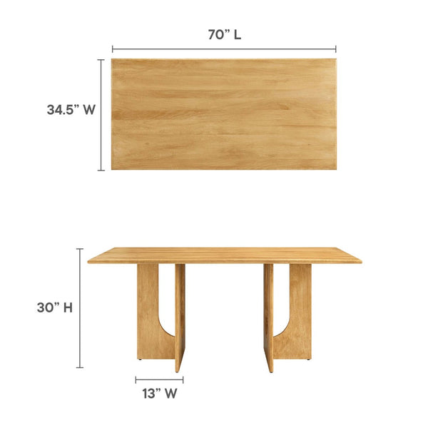 Modway Furniture Rivian 70" Rectangular Solid Mango Wood Dining Table with Sculptural Pedestal Base for Versatile Spaces Oak EEI-6593-OAK