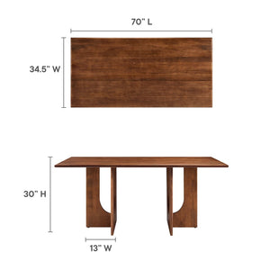 Modway Furniture Rivian 70" Rectangular Solid Mango Wood Dining Table with Sculptural Pedestal Base for Versatile Spaces Walnut EEI-6593-WAL