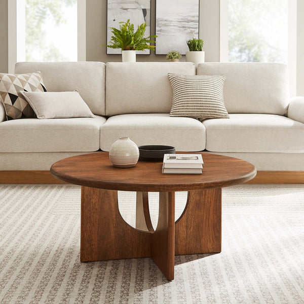 Modway Furniture Rivian Round Coffee Table - Mid-Century Modern Mango Wood Centerpiece for Stylish Living Spaces Walnut EEI-6594-WAL
