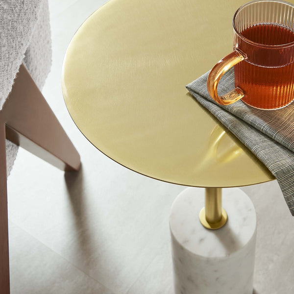 Modway Furniture Lyric Round Side Table - Modern Minimalist Design with Elegant Marble Base for Contemporary Spaces White Brass EEI-6605-WHI-BRA