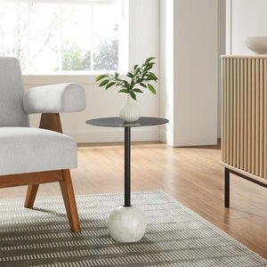 Modway Furniture Aliza Round Marble Side Table - Modern Minimalist Accent Piece for Stylish Living Spaces and Decor White Black EEI-6606-WHI-BLK