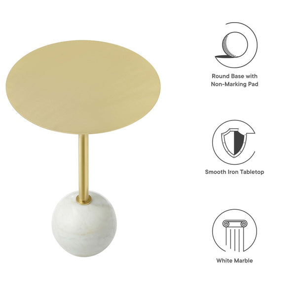 Modway Furniture Aliza Round Marble Side Table - Modern Minimalist Accent Piece for Stylish Living Spaces and Decor White Brass EEI-6606-WHI-BRA