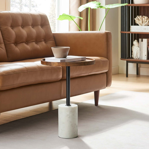 Modway Furniture Amina Acacia Wood Side Table - Modern Mid-Century Design with Marble Base for Home Accent Decor White Light Oak EEI-6607-WHI-LOC