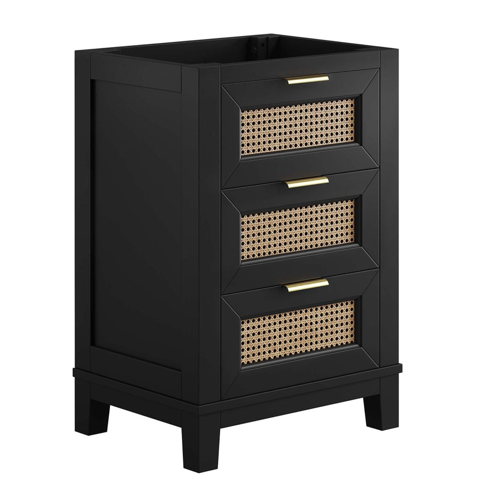 Modway Furniture Dixie 24" Solid Mahogany Bathroom Vanity Cabinet with Rattan Drawers & Satin Brass Hardware - Black EEI-6625-BLK