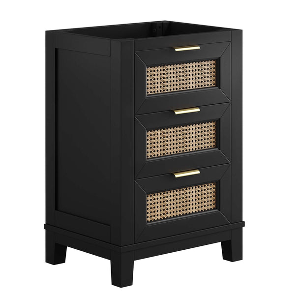Modway Furniture Dixie 24" Solid Mahogany Bathroom Vanity Cabinet with Rattan Drawers & Satin Brass Hardware - Black EEI-6625-BLK
