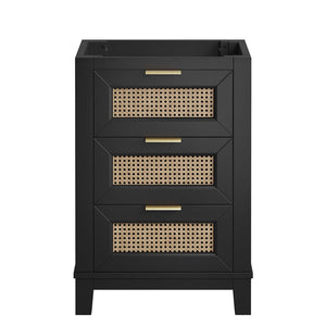 Modway Furniture Dixie 24" Solid Mahogany Bathroom Vanity Cabinet with Rattan Drawers & Satin Brass Hardware - Black EEI-6625-BLK