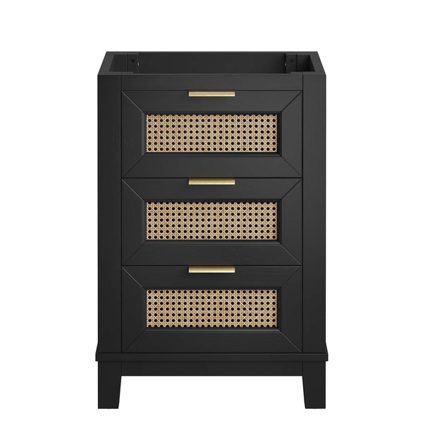Modway Furniture Dixie 24" Solid Mahogany Bathroom Vanity Cabinet with Rattan Drawers & Satin Brass Hardware - Black EEI-6625-BLK