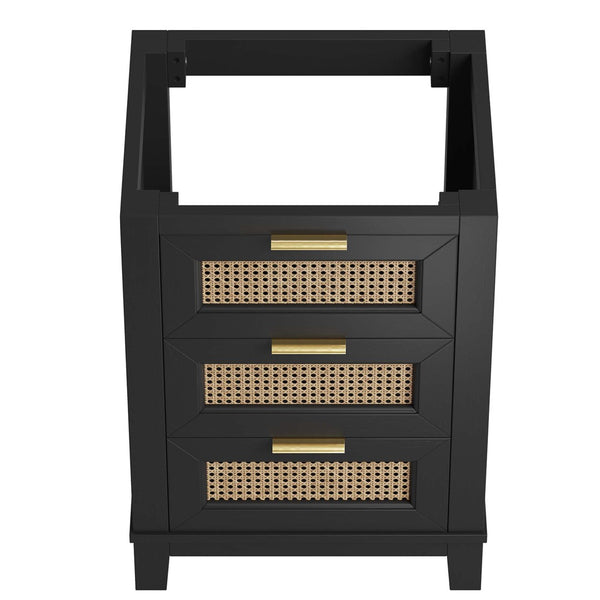Modway Furniture Dixie 24" Solid Mahogany Bathroom Vanity Cabinet with Rattan Drawers & Satin Brass Hardware - Black EEI-6625-BLK