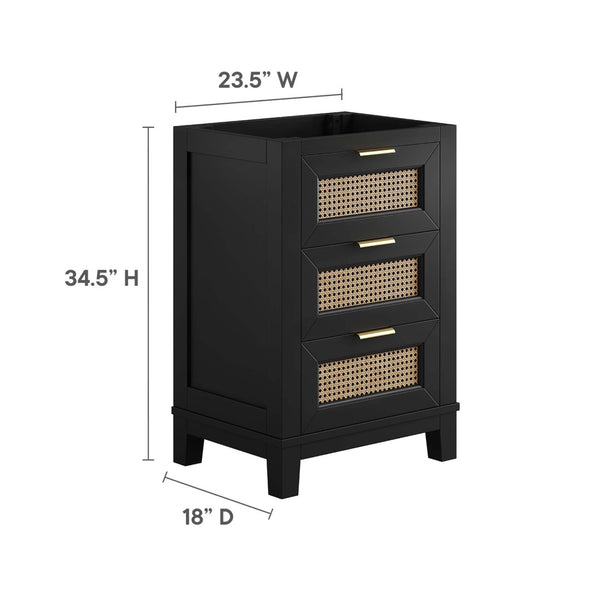 Modway Furniture Dixie 24" Solid Mahogany Bathroom Vanity Cabinet with Rattan Drawers & Satin Brass Hardware - Black EEI-6625-BLK