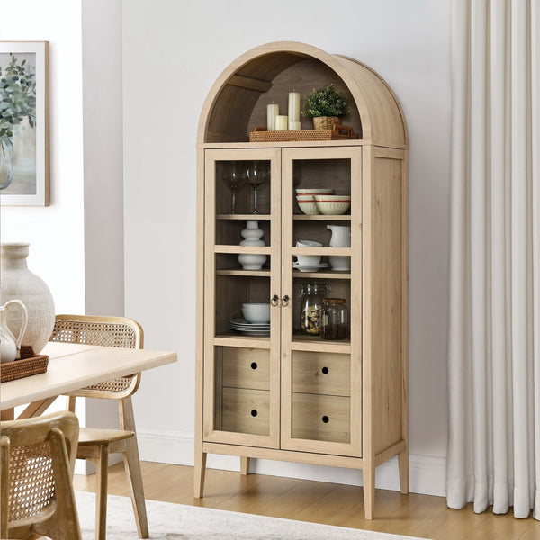 Modway Furniture Nolan Tall Arched Storage Display Cabinet – Modern Farmhouse Design with Glass Doors & Soft-Close Hinges Light Oak EEI-6639-LOA
