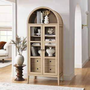 Modway Furniture Nolan Tall Arched Storage Display Cabinet – Modern Farmhouse Design with Glass Doors & Soft-Close Hinges Light Oak EEI-6639-LOA