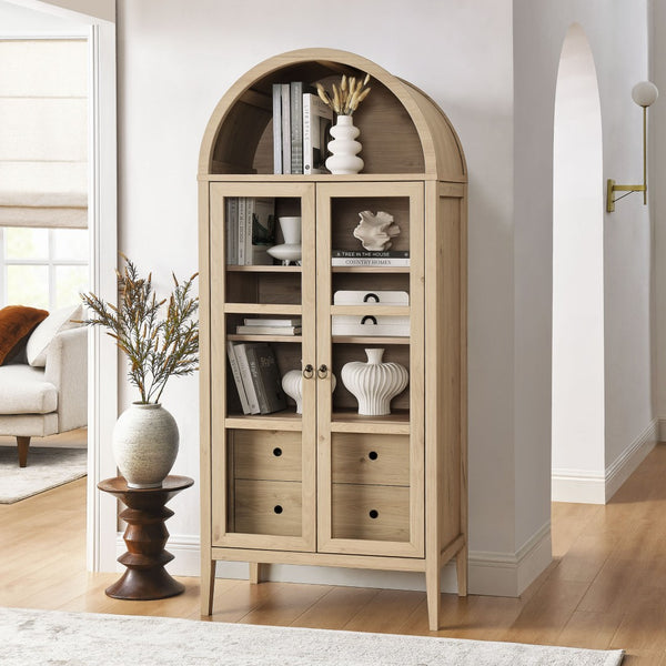 Modway Furniture Nolan Tall Arched Storage Display Cabinet – Modern Farmhouse Design with Glass Doors & Soft-Close Hinges Light Oak EEI-6639-LOA