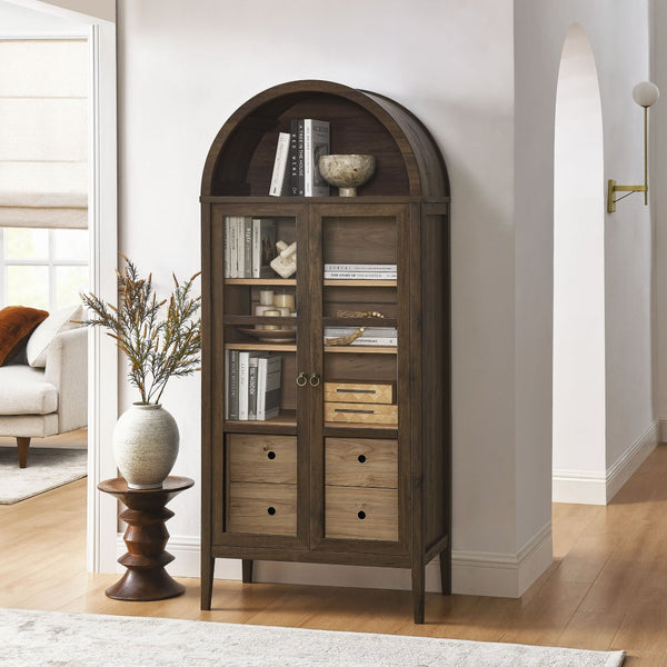 Modway Furniture Nolan Tall Arched Storage Display Cabinet – Modern Farmhouse Design with Glass Doors & Soft-Close Hinges Walnut Hickory EEI-6639-WAL-HCK