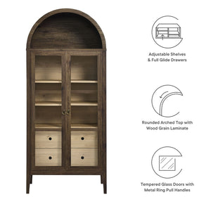 Modway Furniture Nolan Tall Arched Storage Display Cabinet – Modern Farmhouse Design with Glass Doors & Soft-Close Hinges Walnut Hickory EEI-6639-WAL-HCK