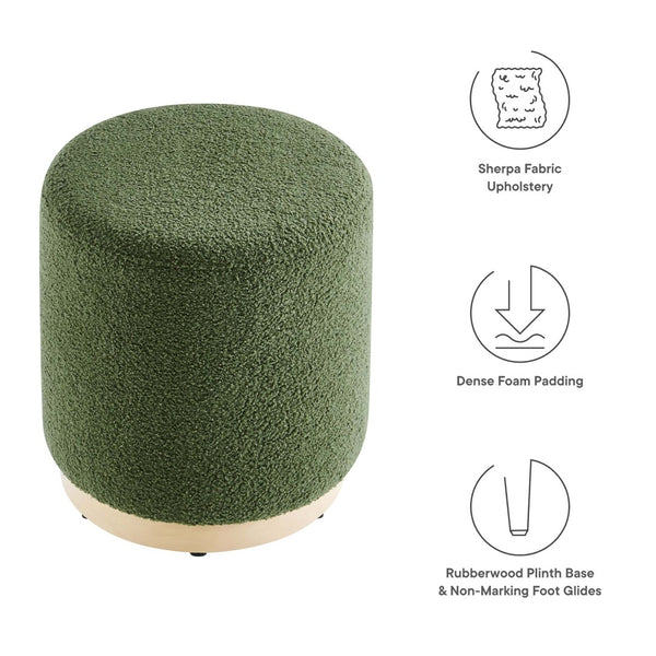 Modway Furniture Tilden 16" Round Sherpa Upholstered Ottoman - Cozy Contemporary Accent for Modern Living Spaces Moss Green Natural EEI-6653-MOG-NAT