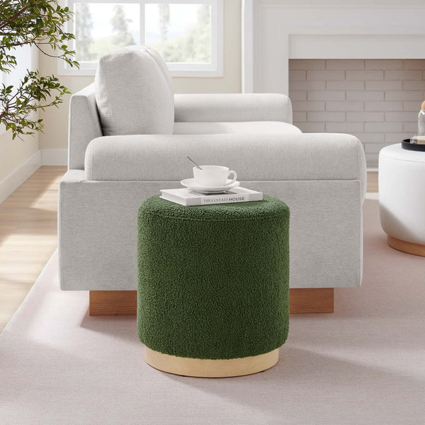 Modway Furniture Tilden 16" Round Sherpa Upholstered Ottoman - Cozy Contemporary Accent for Modern Living Spaces Moss Green Natural EEI-6653-MOG-NAT