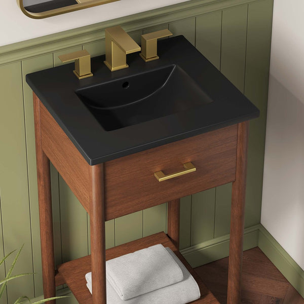 Modway Furniture Zaire 18" Mid-Century Bathroom Vanity with Integrated Ceramic Basin and Stylish Storage Solutions Walnut Black EEI-6659-WAL-BLK