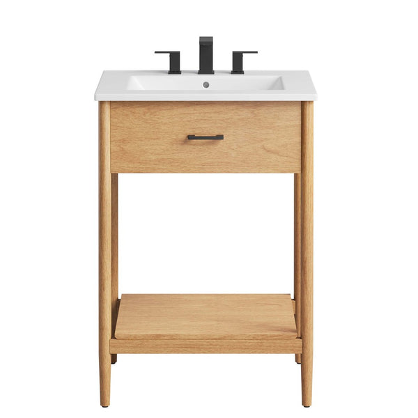 Modway Furniture Zaire 24" Bathroom Vanity by Modway - Mid-Century Modern Design with Sleek Ceramic Basin & Storage Natural White EEI-6660-NAT-WHI