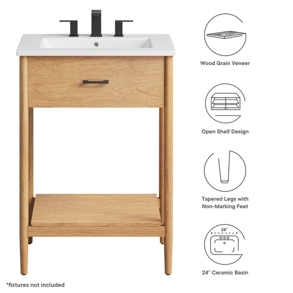 Modway Furniture Zaire 24" Bathroom Vanity by Modway - Mid-Century Modern Design with Sleek Ceramic Basin & Storage Natural White EEI-6660-NAT-WHI