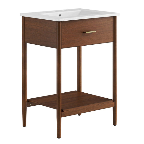 Modway Furniture Zaire 24" Bathroom Vanity by Modway - Mid-Century Modern Design with Sleek Ceramic Basin & Storage Walnut White EEI-6660-WAL-WHI