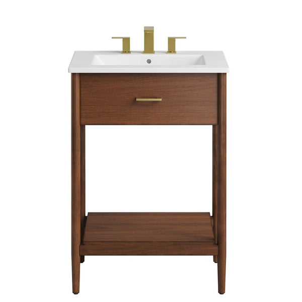 Modway Furniture Zaire 24" Bathroom Vanity by Modway - Mid-Century Modern Design with Sleek Ceramic Basin & Storage Walnut White EEI-6660-WAL-WHI