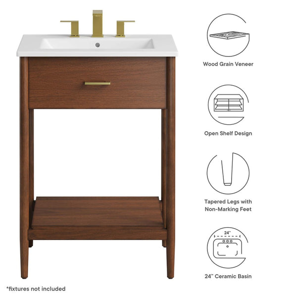 Modway Furniture Zaire 24" Bathroom Vanity by Modway - Mid-Century Modern Design with Sleek Ceramic Basin & Storage Walnut White EEI-6660-WAL-WHI