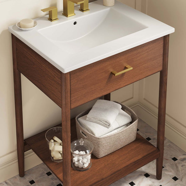 Modway Furniture Zaire 24" Bathroom Vanity by Modway - Mid-Century Modern Design with Sleek Ceramic Basin & Storage Walnut White EEI-6660-WAL-WHI