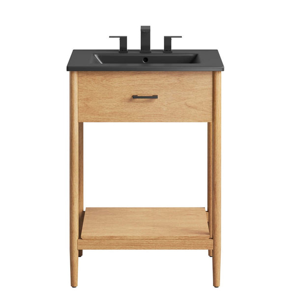 Modway Furniture Zaire 24" Bathroom Vanity by Modway - Mid-Century Modern Design with Open Shelving and Stability Natural Black EEI-6661-NAT-BLK