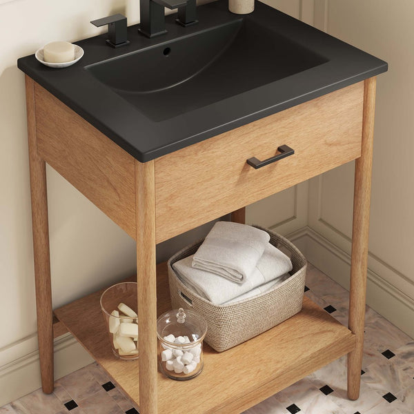 Modway Furniture Zaire 24" Bathroom Vanity by Modway - Mid-Century Modern Design with Open Shelving and Stability Natural Black EEI-6661-NAT-BLK