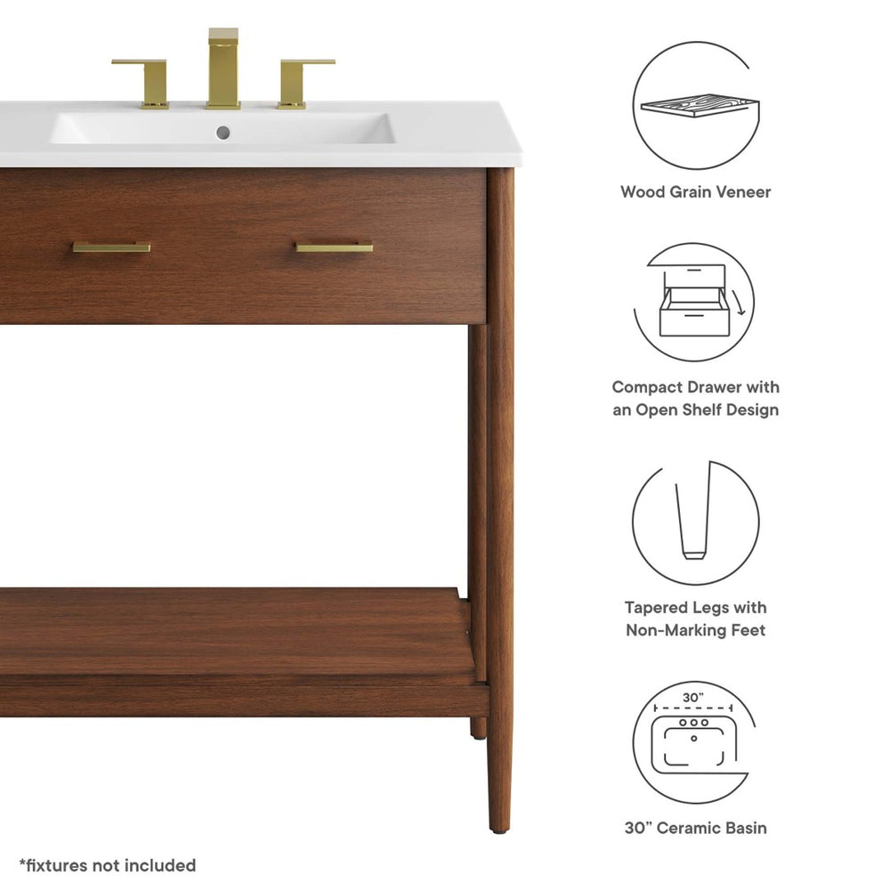 Modway Furniture Zaire 30" Bathroom Vanity by Modway – Sleek Mid-Century Modern Design with Integrated Basin & Storage Walnut White EEI-6662-WAL-WHI