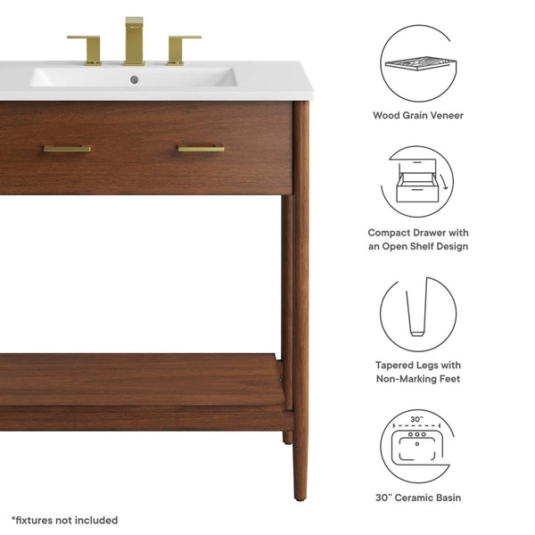 Modway Furniture Zaire 30" Bathroom Vanity by Modway – Sleek Mid-Century Modern Design with Integrated Basin & Storage Walnut White EEI-6662-WAL-WHI