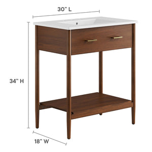 Modway Furniture Zaire 30" Bathroom Vanity by Modway – Sleek Mid-Century Modern Design with Integrated Basin & Storage Walnut White EEI-6662-WAL-WHI