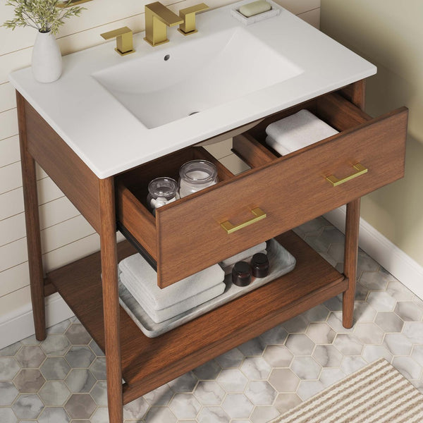 Modway Furniture Zaire 30" Bathroom Vanity by Modway – Sleek Mid-Century Modern Design with Integrated Basin & Storage Walnut White EEI-6662-WAL-WHI