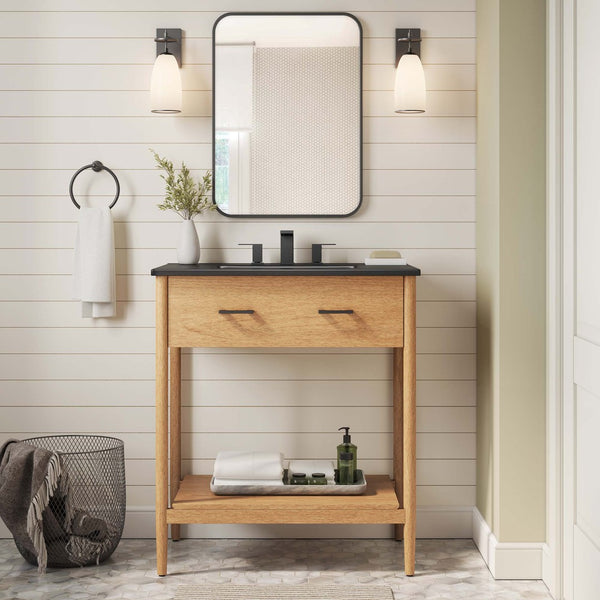 Modway Furniture Zaire 30" Bathroom Vanity - Mid-Century Modern Design with Integrated Ceramic Basin & Storage Solutions Natural Black EEI-6663-NAT-BLK
