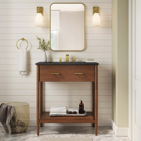 Modway Furniture Zaire 30" Bathroom Vanity - Mid-Century Modern Design with Integrated Ceramic Basin & Storage Solutions Walnut Black EEI-6663-WAL-BLK