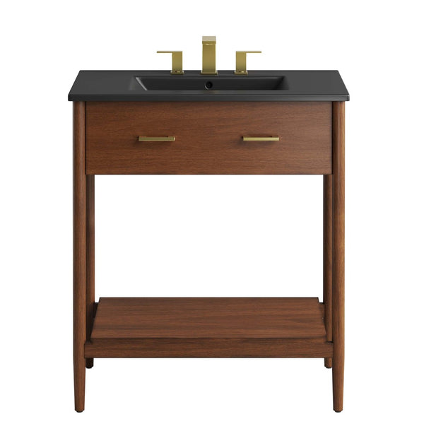 Modway Furniture Zaire 30" Bathroom Vanity - Mid-Century Modern Design with Integrated Ceramic Basin & Storage Solutions Walnut Black EEI-6663-WAL-BLK