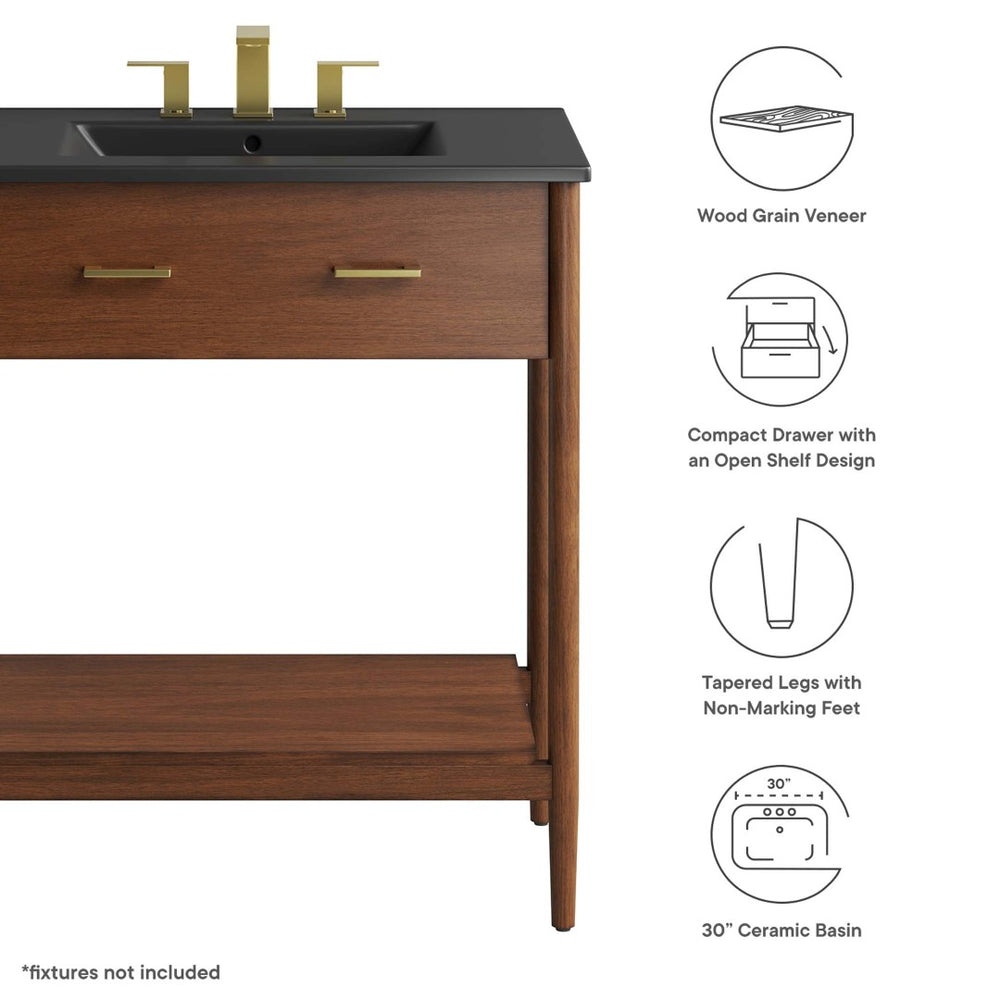 Modway Furniture Zaire 30" Bathroom Vanity - Mid-Century Modern Design with Integrated Ceramic Basin & Storage Solutions Walnut Black EEI-6663-WAL-BLK