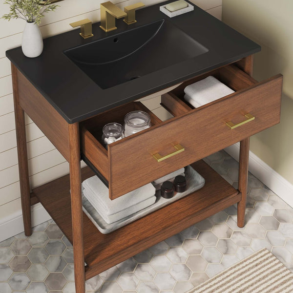 Modway Furniture Zaire 30" Bathroom Vanity - Mid-Century Modern Design with Integrated Ceramic Basin & Storage Solutions Walnut Black EEI-6663-WAL-BLK