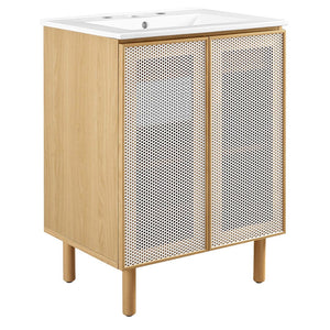 Modway Furniture Calla 24" Perforated Metal Bathroom Vanity - Modern Design with Adjustable Storage & Ceramic Sink White Oak EEI-6677-WHI-OAK