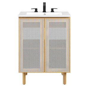 Modway Furniture Calla 24" Perforated Metal Bathroom Vanity - Modern Design with Adjustable Storage & Ceramic Sink White Oak EEI-6677-WHI-OAK