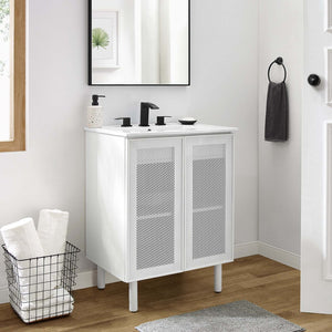 Modway Furniture Calla 24" Perforated Metal Bathroom Vanity - Modern Design with Adjustable Storage & Ceramic Sink White White EEI-6677-WHI-WHI