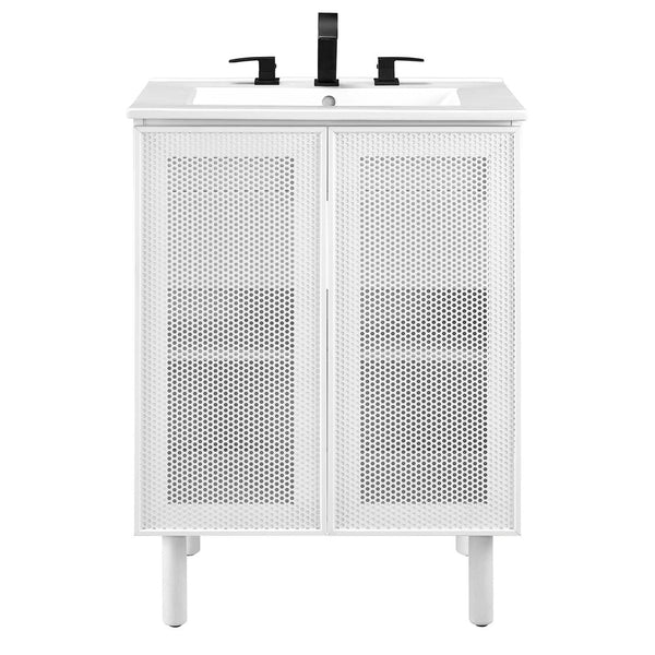 Modway Furniture Calla 24" Perforated Metal Bathroom Vanity - Modern Design with Adjustable Storage & Ceramic Sink White White EEI-6677-WHI-WHI
