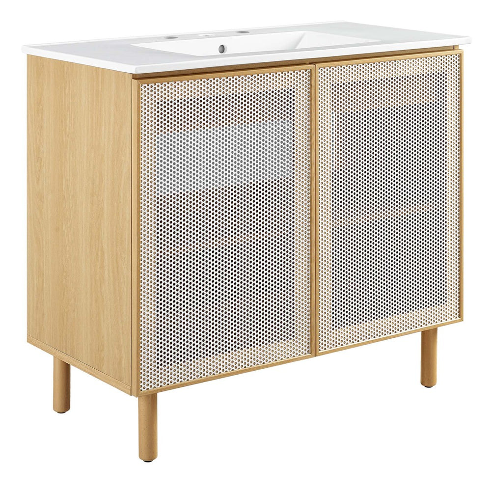 Modway Furniture Calla 36" Modern Bathroom Vanity with Perforated Metal Doors and Ceramic Sink for Small Spaces White Oak EEI-6678-WHI-OAK