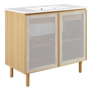 Modway Furniture Calla 36" Modern Bathroom Vanity with Perforated Metal Doors and Ceramic Sink for Small Spaces White Oak EEI-6678-WHI-OAK