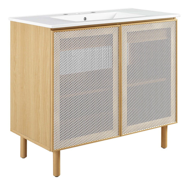 Modway Furniture Calla 36" Modern Bathroom Vanity with Perforated Metal Doors and Ceramic Sink for Small Spaces White Oak EEI-6678-WHI-OAK