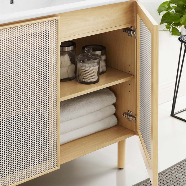 Modway Furniture Calla 36" Modern Bathroom Vanity with Perforated Metal Doors and Ceramic Sink for Small Spaces White Oak EEI-6678-WHI-OAK