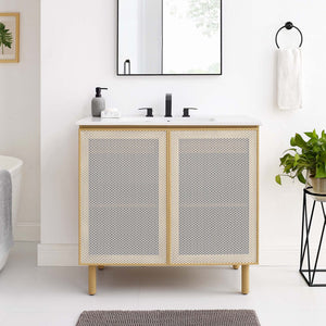 Modway Furniture Calla 36" Modern Bathroom Vanity with Perforated Metal Doors and Ceramic Sink for Small Spaces White Oak EEI-6678-WHI-OAK