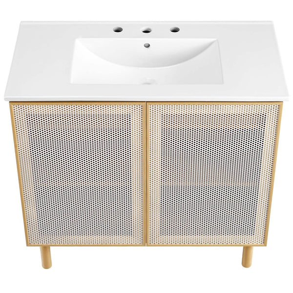 Modway Furniture Calla 36" Modern Bathroom Vanity with Perforated Metal Doors and Ceramic Sink for Small Spaces White Oak EEI-6678-WHI-OAK
